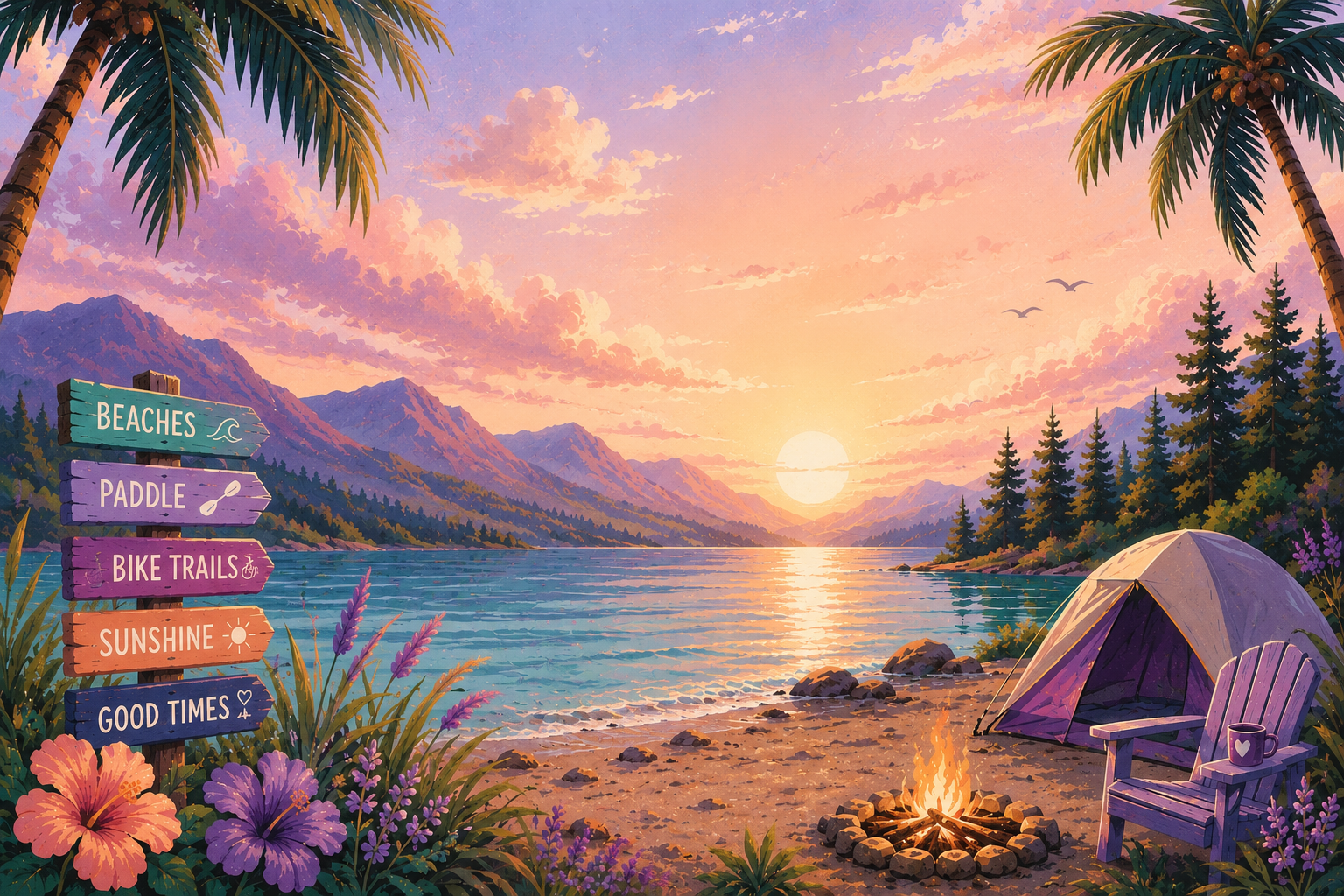 Pastel tropical camping lake illustration